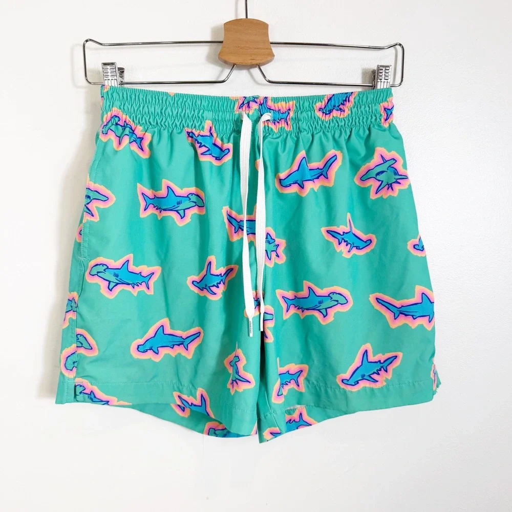 Chubbies Swim Trunks Mens Small Teal Neon Shark Print 5.5 Inseam Board Shorts